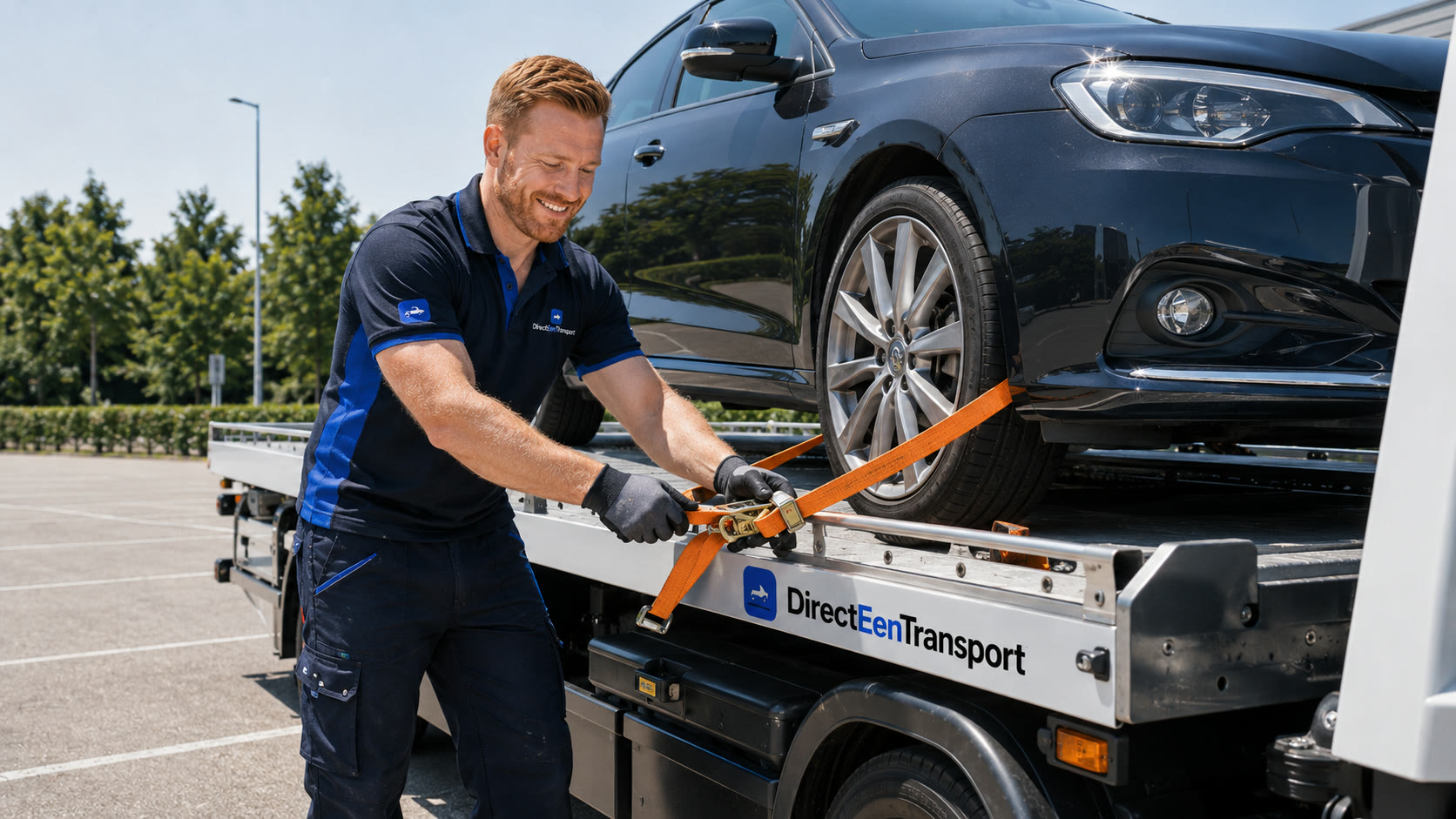 Transporteur sjort een voertuig vast op de oprijwagen